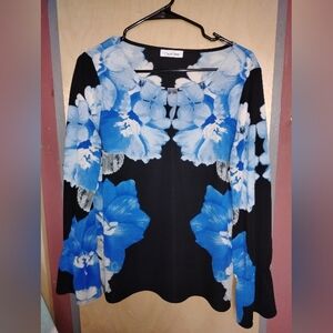 Calvin Klein Lined Black and blue Floral Long Sleeve Blouse  Size Large